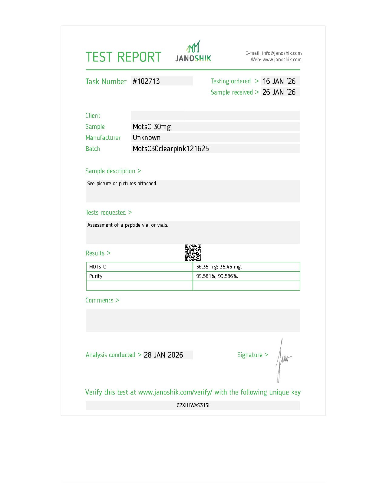 MOTS-c 30mg Certificate of Analysis
