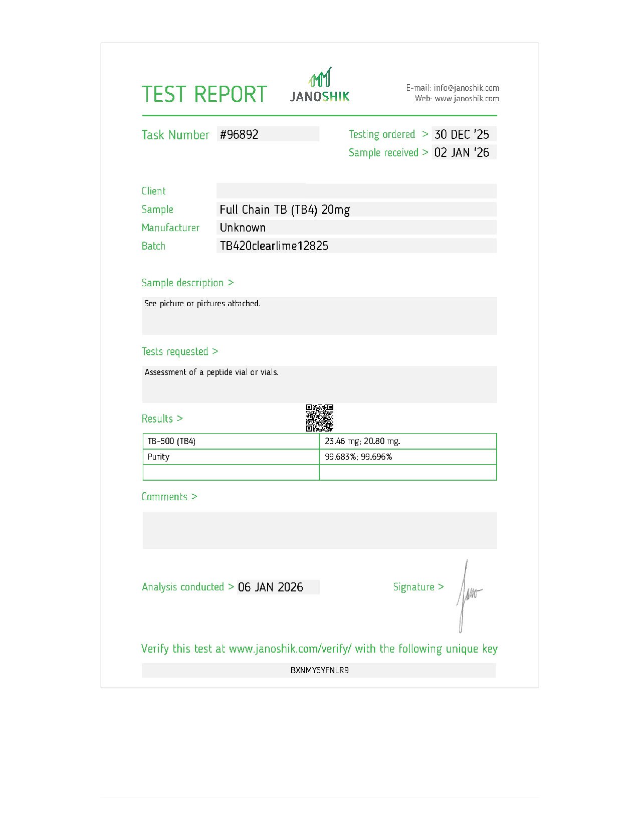 TB-500 20mg Certificate of Analysis